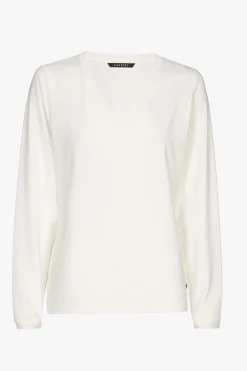 Ecrufarbenes Longsleeve T-Shirt mit V-Ausschnitt