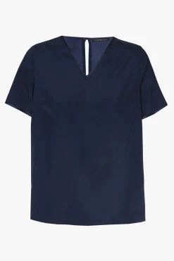 Navyblaues Seiden-T-Shirt mit V-Ausschnitt und kurzen Ärmeln