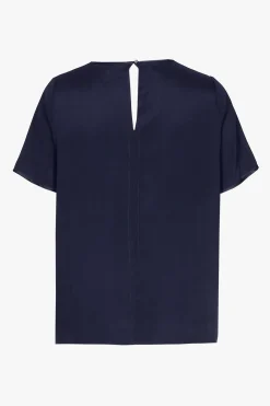 Navyblaues Seiden-T-Shirt mit V-Ausschnitt und kurzen Ärmeln
