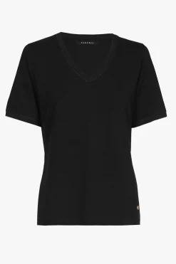Schwarzes Kurzarm-T-Shirt mit V-Ausschnitt
